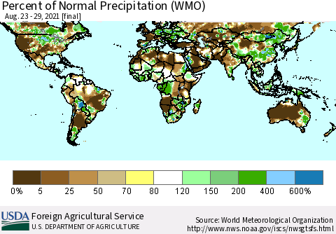 World Percent of Normal Precipitation (WMO) Thematic Map For 8/23/2021 - 8/29/2021
