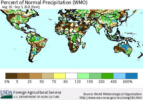 World Percent of Normal Precipitation (WMO) Thematic Map For 8/30/2021 - 9/5/2021
