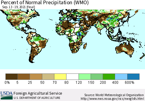 World Percent of Normal Precipitation (WMO) Thematic Map For 9/13/2021 - 9/19/2021