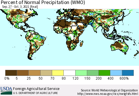 World Percent of Normal Precipitation (WMO) Thematic Map For 9/27/2021 - 10/3/2021
