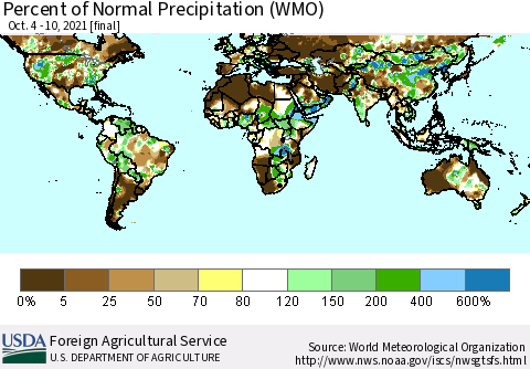 World Percent of Normal Precipitation (WMO) Thematic Map For 10/4/2021 - 10/10/2021