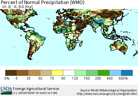 World Percent of Normal Precipitation (WMO) Thematic Map For 10/18/2021 - 10/24/2021