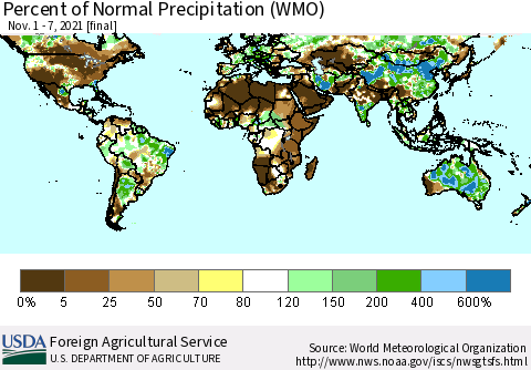 World Percent of Normal Precipitation (WMO) Thematic Map For 11/1/2021 - 11/7/2021