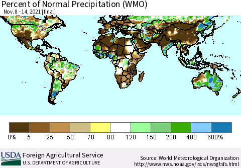 World Percent of Normal Precipitation (WMO) Thematic Map For 11/8/2021 - 11/14/2021