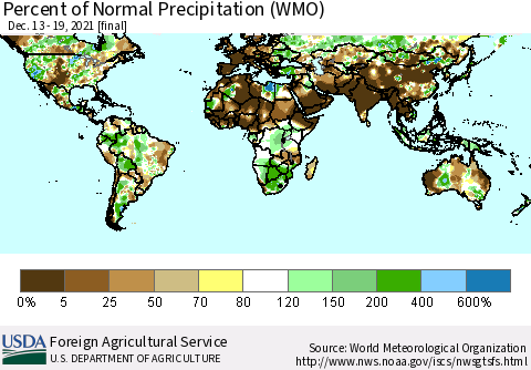 World Percent of Normal Precipitation (WMO) Thematic Map For 12/13/2021 - 12/19/2021