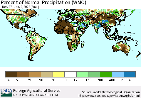 World Percent of Normal Precipitation (WMO) Thematic Map For 12/27/2021 - 1/2/2022