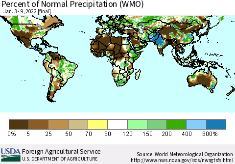 World Percent of Normal Precipitation (WMO) Thematic Map For 1/3/2022 - 1/9/2022