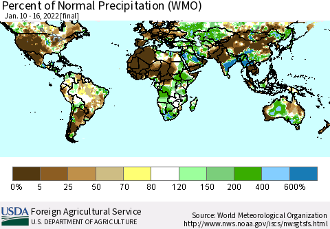 World Percent of Normal Precipitation (WMO) Thematic Map For 1/10/2022 - 1/16/2022