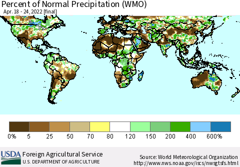 World Percent of Normal Precipitation (WMO) Thematic Map For 4/18/2022 - 4/24/2022