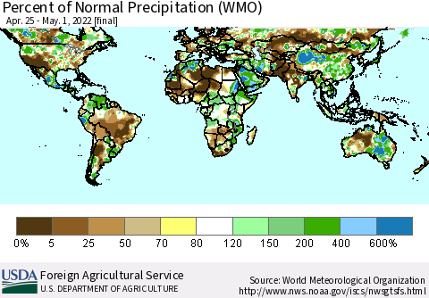 World Percent of Normal Precipitation (WMO) Thematic Map For 4/25/2022 - 5/1/2022