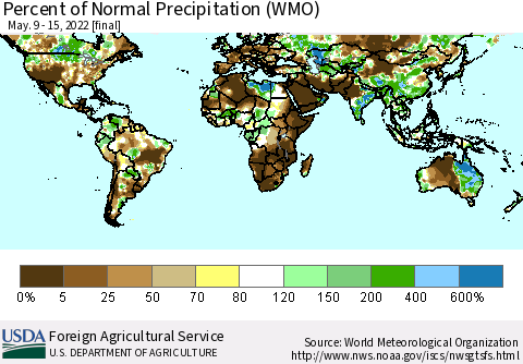 World Percent of Normal Precipitation (WMO) Thematic Map For 5/9/2022 - 5/15/2022