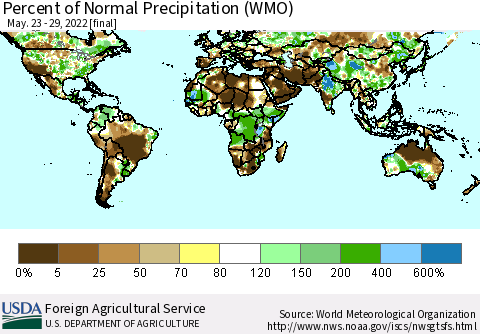World Percent of Normal Precipitation (WMO) Thematic Map For 5/23/2022 - 5/29/2022