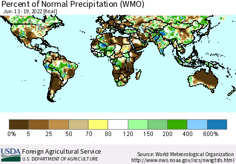 World Percent of Normal Precipitation (WMO) Thematic Map For 6/13/2022 - 6/19/2022