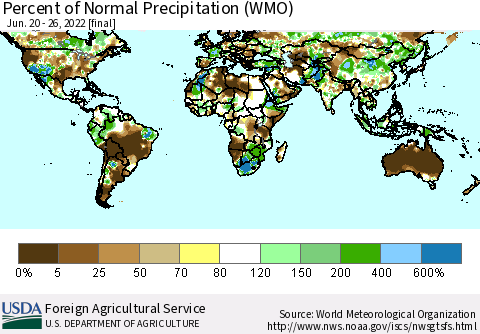 World Percent of Normal Precipitation (WMO) Thematic Map For 6/20/2022 - 6/26/2022