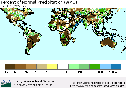 World Percent of Normal Precipitation (WMO) Thematic Map For 7/4/2022 - 7/10/2022