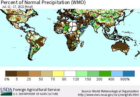 World Percent of Normal Precipitation (WMO) Thematic Map For 7/11/2022 - 7/17/2022