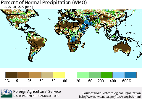 World Percent of Normal Precipitation (WMO) Thematic Map For 7/25/2022 - 7/31/2022