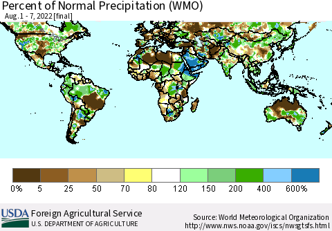 World Percent of Normal Precipitation (WMO) Thematic Map For 8/1/2022 - 8/7/2022