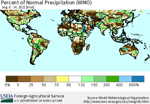 World Percent of Normal Precipitation (WMO) Thematic Map For 8/8/2022 - 8/14/2022