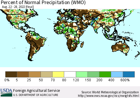 World Percent of Normal Precipitation (WMO) Thematic Map For 8/22/2022 - 8/28/2022