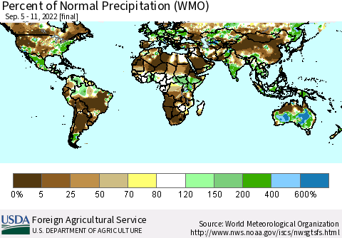 World Percent of Normal Precipitation (WMO) Thematic Map For 9/5/2022 - 9/11/2022