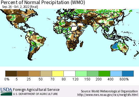 World Percent of Normal Precipitation (WMO) Thematic Map For 9/26/2022 - 10/2/2022