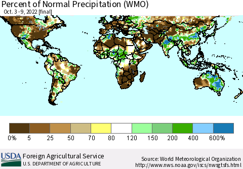 World Percent of Normal Precipitation (WMO) Thematic Map For 10/3/2022 - 10/9/2022