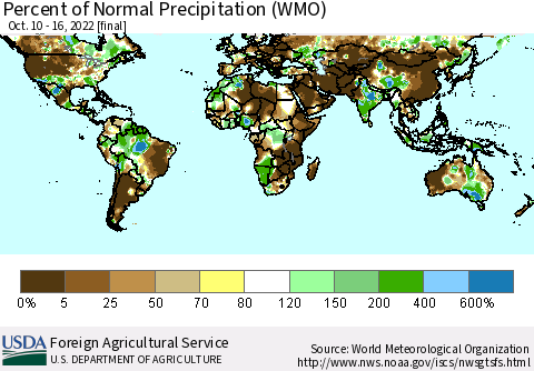 World Percent of Normal Precipitation (WMO) Thematic Map For 10/10/2022 - 10/16/2022
