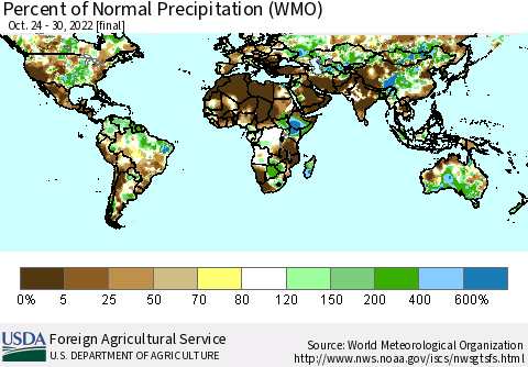 World Percent of Normal Precipitation (WMO) Thematic Map For 10/24/2022 - 10/30/2022