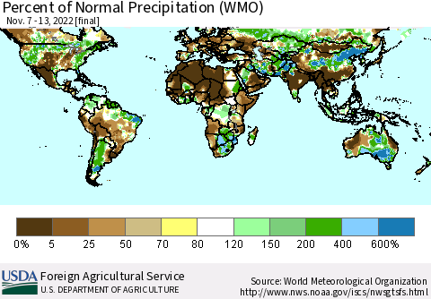 World Percent of Normal Precipitation (WMO) Thematic Map For 11/7/2022 - 11/13/2022
