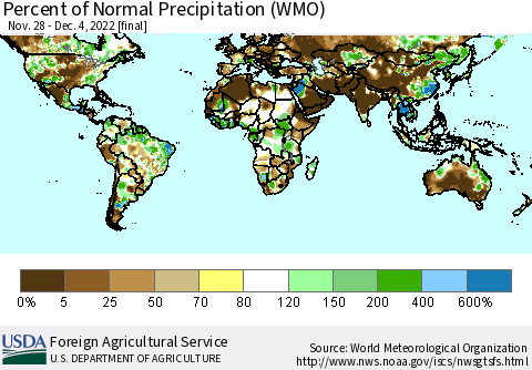 World Percent of Normal Precipitation (WMO) Thematic Map For 11/28/2022 - 12/4/2022