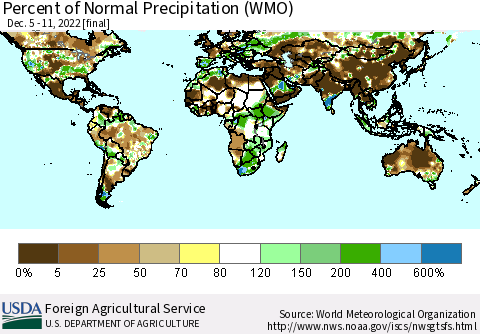 World Percent of Normal Precipitation (WMO) Thematic Map For 12/5/2022 - 12/11/2022