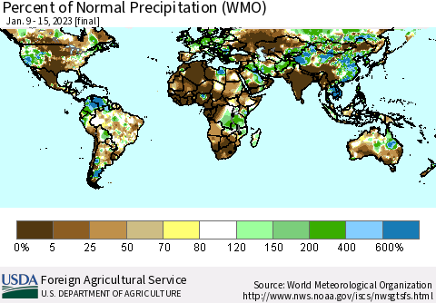 World Percent of Normal Precipitation (WMO) Thematic Map For 1/9/2023 - 1/15/2023