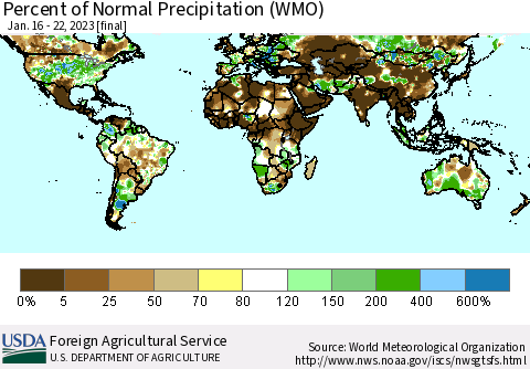 World Percent of Normal Precipitation (WMO) Thematic Map For 1/16/2023 - 1/22/2023