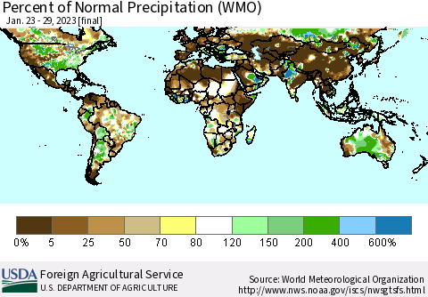 World Percent of Normal Precipitation (WMO) Thematic Map For 1/23/2023 - 1/29/2023