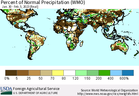 World Percent of Normal Precipitation (WMO) Thematic Map For 1/30/2023 - 2/5/2023