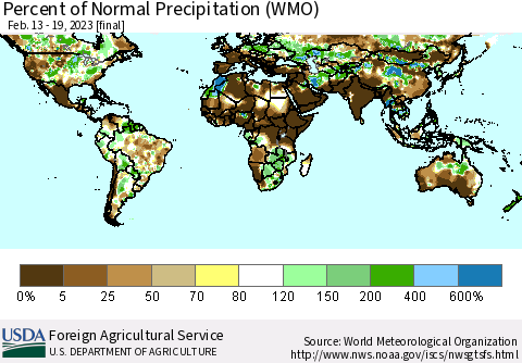World Percent of Normal Precipitation (WMO) Thematic Map For 2/13/2023 - 2/19/2023