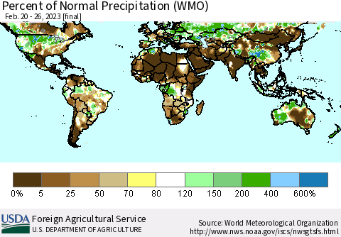 World Percent of Normal Precipitation (WMO) Thematic Map For 2/20/2023 - 2/26/2023