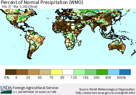World Percent of Normal Precipitation (WMO) Thematic Map For 2/27/2023 - 3/5/2023