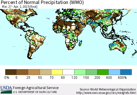 World Percent of Normal Precipitation (WMO) Thematic Map For 3/27/2023 - 4/2/2023