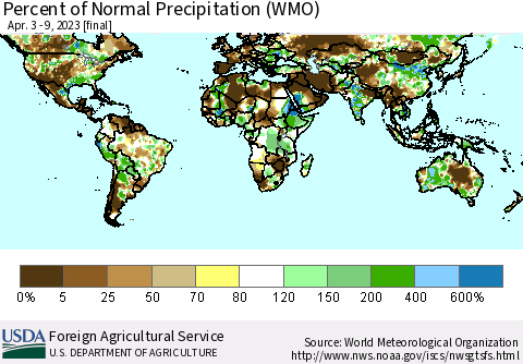World Percent of Normal Precipitation (WMO) Thematic Map For 4/3/2023 - 4/9/2023
