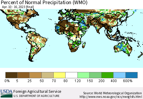 World Percent of Normal Precipitation (WMO) Thematic Map For 4/10/2023 - 4/16/2023