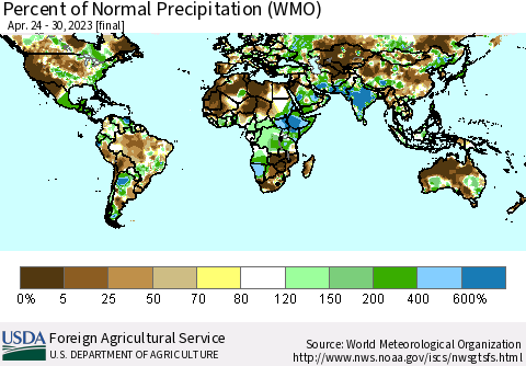 World Percent of Normal Precipitation (WMO) Thematic Map For 4/24/2023 - 4/30/2023