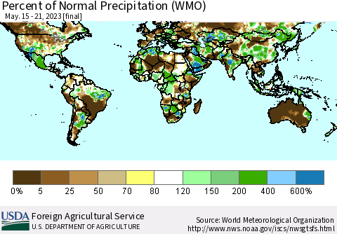 World Percent of Normal Precipitation (WMO) Thematic Map For 5/15/2023 - 5/21/2023