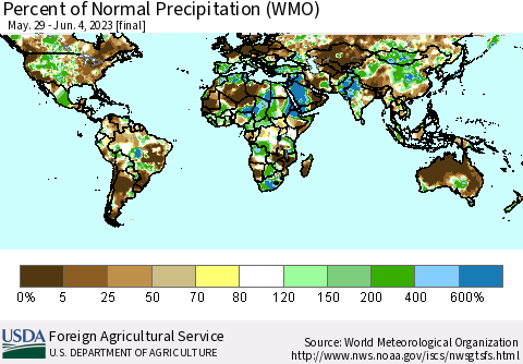 World Percent of Normal Precipitation (WMO) Thematic Map For 5/29/2023 - 6/4/2023