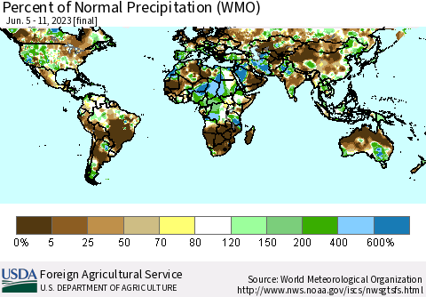World Percent of Normal Precipitation (WMO) Thematic Map For 6/5/2023 - 6/11/2023