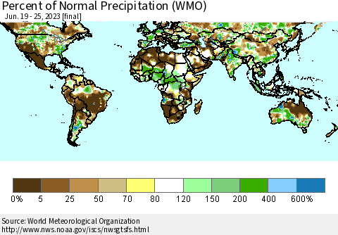 World Percent of Normal Precipitation (WMO) Thematic Map For 6/19/2023 - 6/25/2023