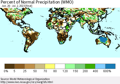 World Percent of Normal Precipitation (WMO) Thematic Map For 6/26/2023 - 7/2/2023