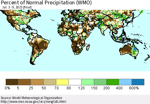 World Percent of Normal Precipitation (WMO) Thematic Map For 7/3/2023 - 7/9/2023