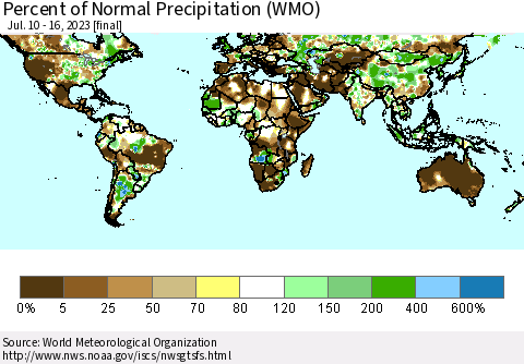 World Percent of Normal Precipitation (WMO) Thematic Map For 7/10/2023 - 7/16/2023